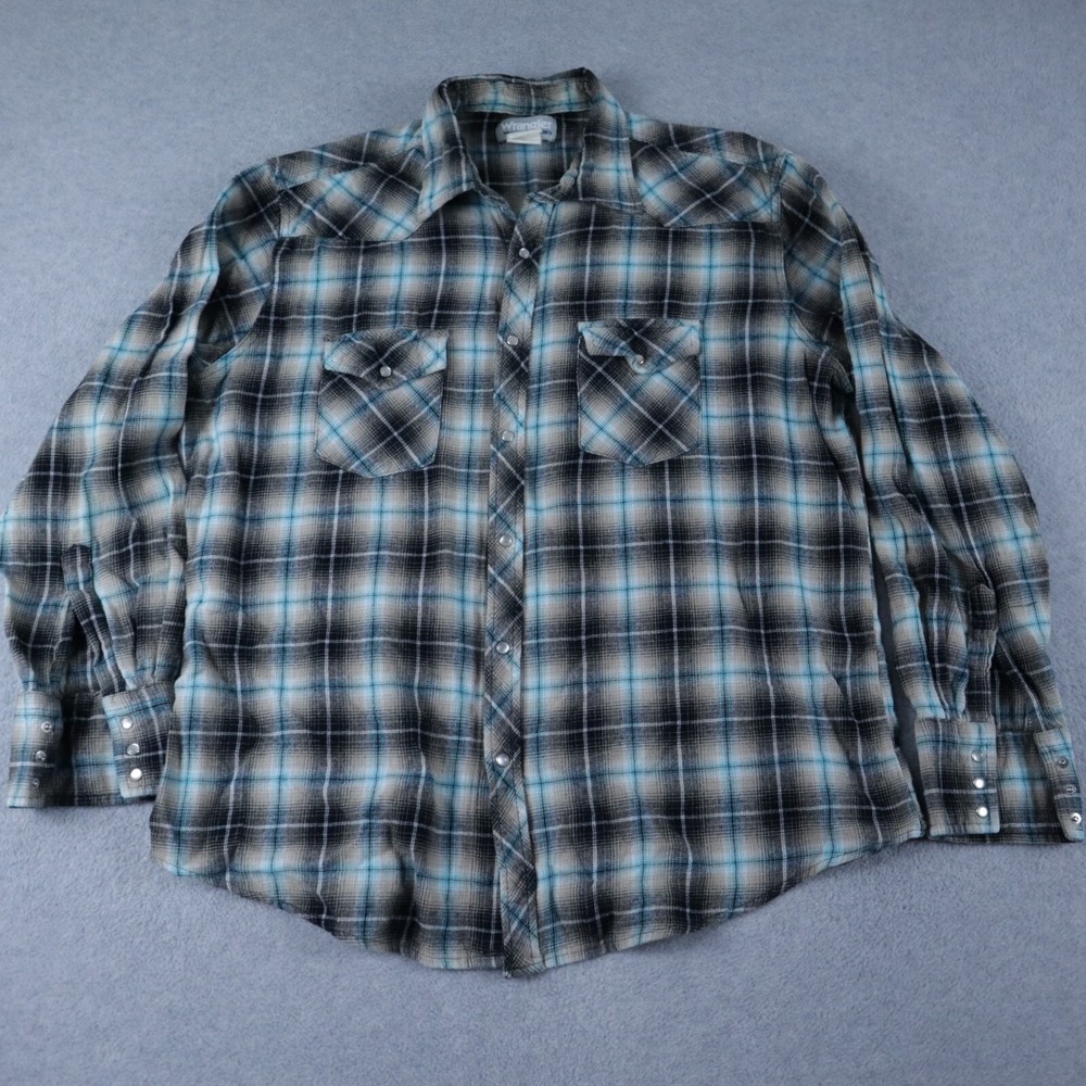 Wrangler Wrancher Flannel Shirt Mens XL Western Pearl Snap Plaid Long Sleeve